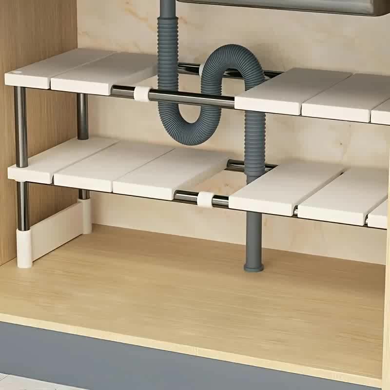 Kitchen Appliances Cabinet - ชั้นวางของใต้ซิงค์แบบปรับได้ - ชั้นวางของประหยัดพื้นที่หลายชั้นทำจากสแตนเลส เหมาะสำหรับตู้ครัวและตู้ห้องน้ำ ดีไซน์ไร้ไม้ ทนทาน