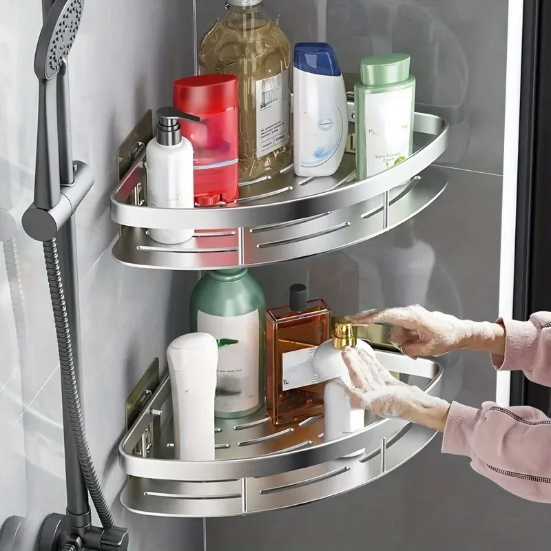 Kitchen Appliances Cabinet - ชั้นวางของในห้องน้ำ ชั้นวางอะลูมิเนียมสำหรับวางแชมพู ชั้นวางในห้องอาบน้ำ อุปกรณ์เสริมในห้องน้ำ ชั้นวางแบบไม่ต้องเจาะ